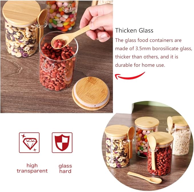 CZFWin 4 Pack Glass Containers with Lids and Spoons, Overnight Oat Container with Lids Glass, Oatmeal Jar with Spoons, Meal Prep Jars for Yogurt, Chia Pudding (Round 4PCS)