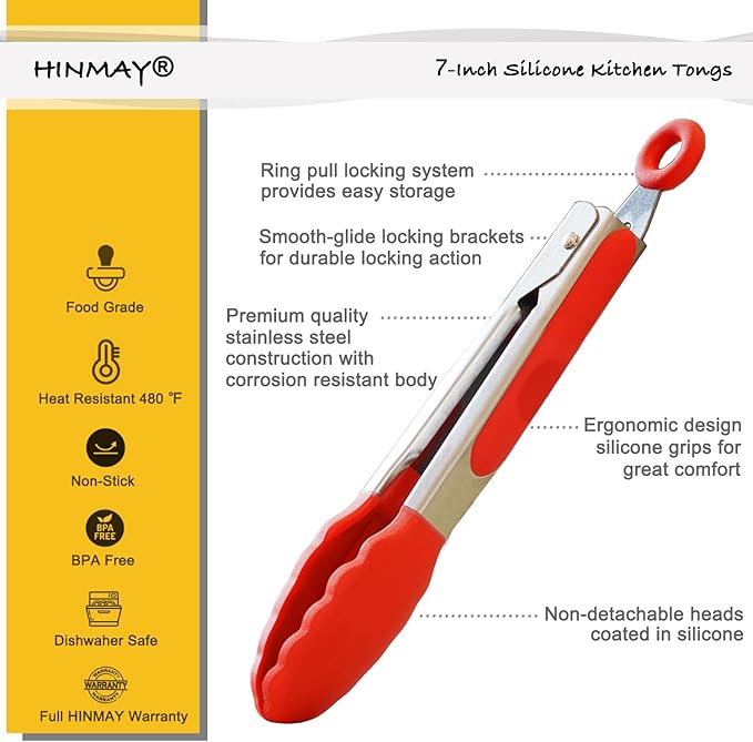 HINMAY Small Tongs Set 7-Inch Mini Tongs with Silicone Tips, Set of 6 (Red Blue Green Pink Mint Yellow)