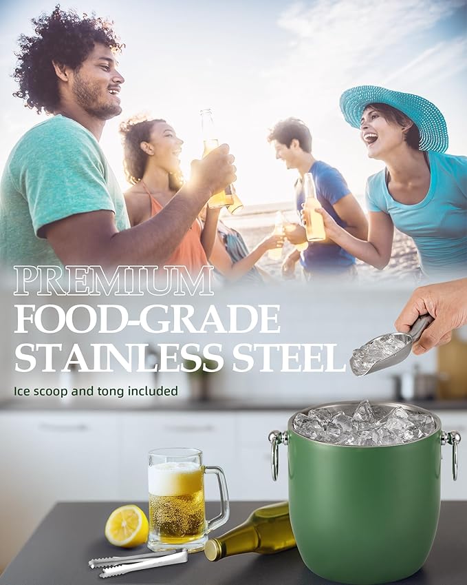 Golden Cudgel Insulated Ice Bucket, 3L Double Wall Stainless Steel Ice Bucket with Tongs,Lid, Scoop and Strainer, Ice Buckets for Parties,Cocktail Bars, Chilling Beer, Champagne, Wine Bottles，Green