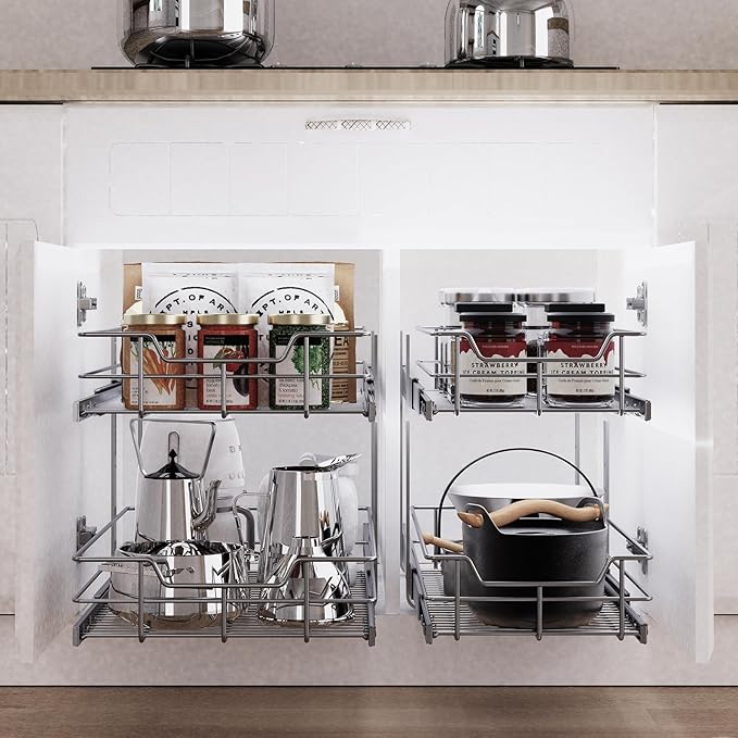 2 Tier Pull Out Cabinet Organizer 15" W X 22" D, Chromed, Full Slide Out