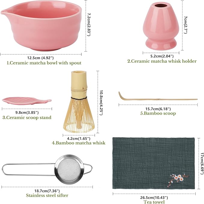 Liyarya Matcha Whisk Set, Traditional Matcha Kit Includes Matcha Bowl, Pink Whisk with Holder, Scoop, Scoop Rest, Sifter, and Tea Cloth – 7 Piece Matcha Whisk Set, Gift Set for Tea Enthusiasts