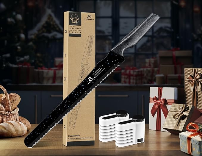 CoquusAid Upgrade Bread Knife for Homemade Bread, World‘s 1st Double Serrated Knife for Crusty Sourdough, 11.6 Inch Stainless Steel Bread Slicer, Professional Sourdough Cutter, Ideal Gift, Black