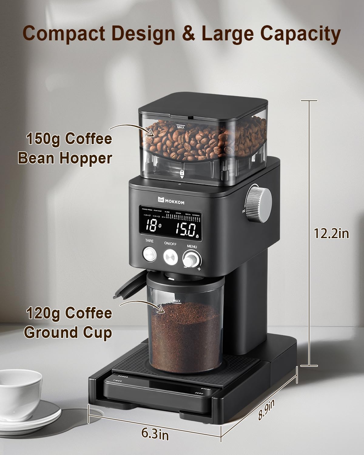 MOKKOM Electric Conical Burr Coffee Grinder with Removable Coffee Scale, Anti-static Coffee Bean Grinder, 31 Grind Settings and Precision Timer for Espresso Pour Over, French Press Black