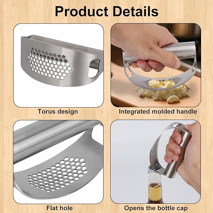 Stainless Steel Hand Garlic Rocker Presser Set, Garlic Press Smasher with Plastic Peeler Roller and Brush Ginger Crusher Mincer Cutter Supplies for Kitchen Dicer Chopper Grater Gadgets