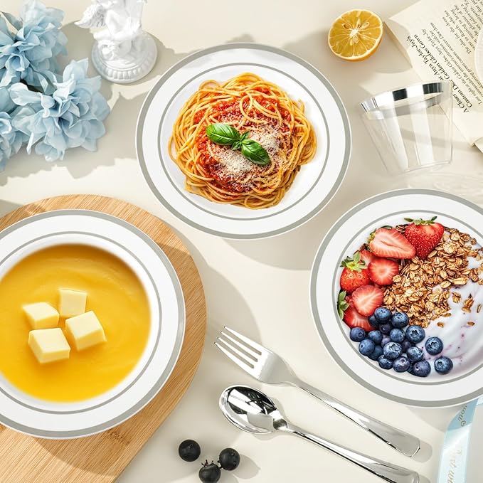 BESTVIP 200 Pack Plastic Bowls with Silver Rim