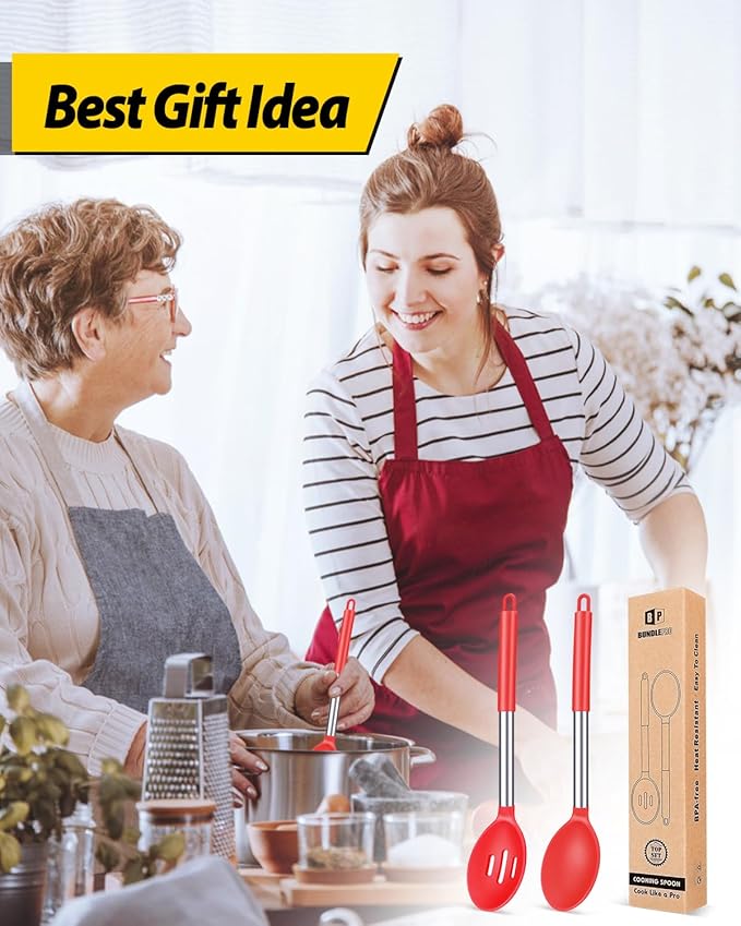 BUNDLEPRO Silicone Cooking Spoons for Non Stick Cookware, 2 Pack, RED