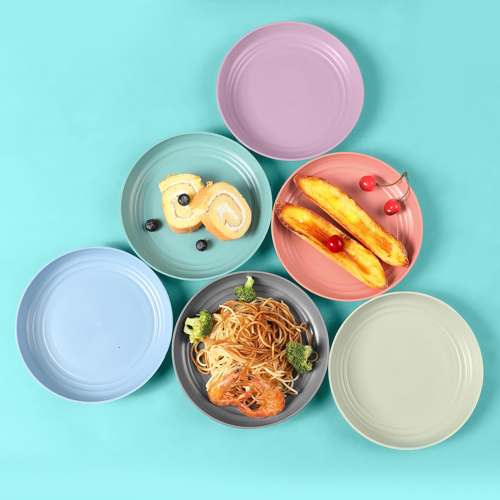 HEYCOME 12 Pcs Unbreakable Deep Dessert Plates Set, 8 inch Reusable Plastic Wheat Straw Plates, Microwave and Dishwasher Safe Plate for Kitchen, Lightweight Plate for Dessert, BPA Free, 6 Colors