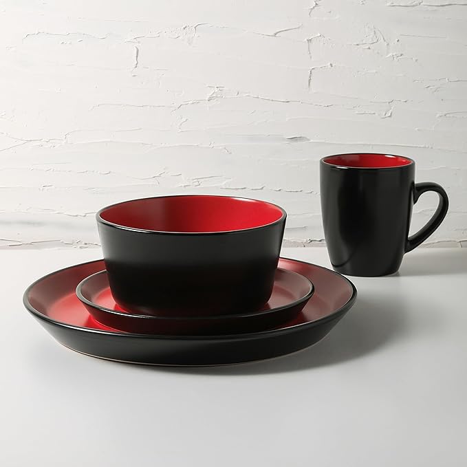 Stone Lain Albie Stoneware 16 Piece Modern Dinnerware Set, Kitchen Plates and Bowls Sets, Service for 4, Red and Black, Microwave & Dishwasher Safe