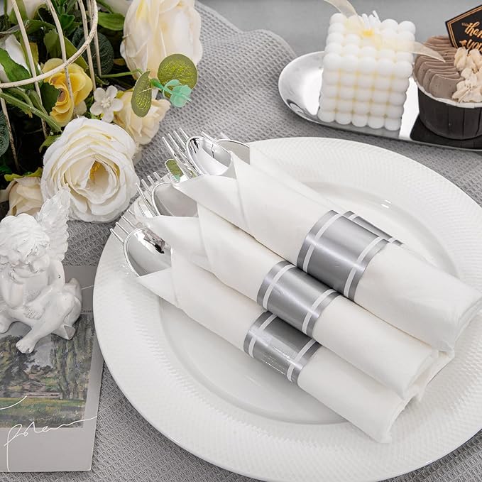 Liacere 100 Pack Silver Plastic Silverware-Pre Wrapped cutlery and Napkin-Pre Rolled Silverware Disposable 100 Forks, 100 Knives 100 Spoons, 100 Napkins Plastic Utensils＆Wedding