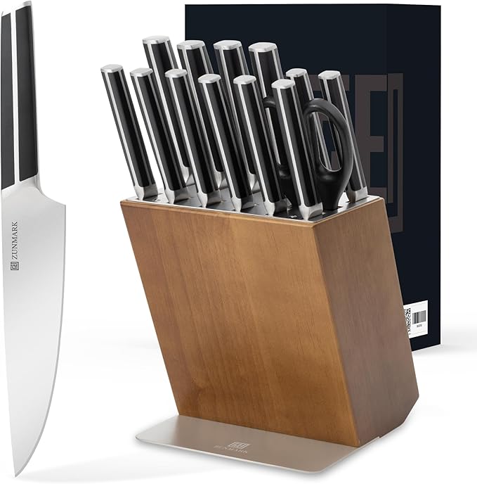 ZUNMARK Kitchen Knife Set, 14 PCS Knife Sets for Kitchen with Block, X50CrMoV15 High Carbon German Steel Knife Set with 6X Serrated Steak Knife, Heavy