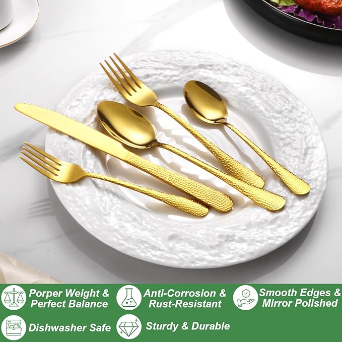 40 Pcs Gold Silverware Set for 8, Food Grade Stainless Steel Flatware Set, Eating Utensils Sets Include Fork/Knife/Spoon, Reusable Cutlery Set for Home Kitchen, Dishwasher Safe, Wave Hammered