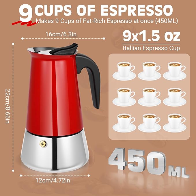 Suiitat 9 Cup Stainless Steel Moka Pot, 450ml Stovetop Espresso Maker, Red