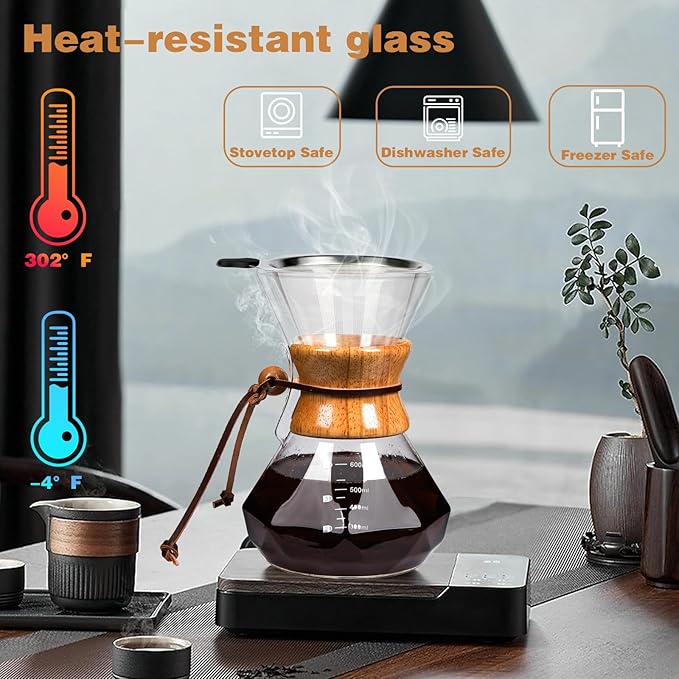 COFISUKI Pour Over Coffee Maker with Reusable Stainless Steel Drip Filter, Lead-Free Borosilicate Glass Coffee Carafe with Modern Wooden Collar for 1-4Cup, Diamond Clear (600ml/20oz)