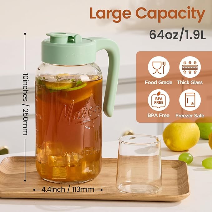 Spreccio Mason Jar Pitcher with Tea Filter, 64 oz Glass Pitcher with Lid