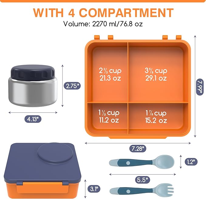 JoyYum Bento Box for Kids - Leak-Proof Bento Lunch Box with Insulated Thermo Food Jar - 4 Compartments, 1 Removable Divider, 1 Spoon, 1 Fork - Dishwasher Safe, BPA-Free (Navy blue)