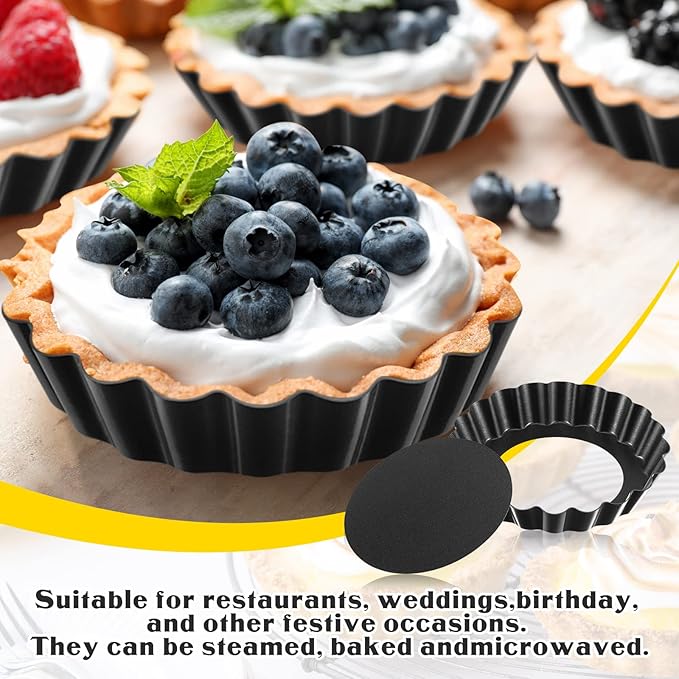Tessco 16 Pieces Mini Tart Pans with Removable Bottom Nonstick Quiche Mini Pie Tart Pans Bakeware Mold Fluted Side for Pies(Black Round,5 Inch)