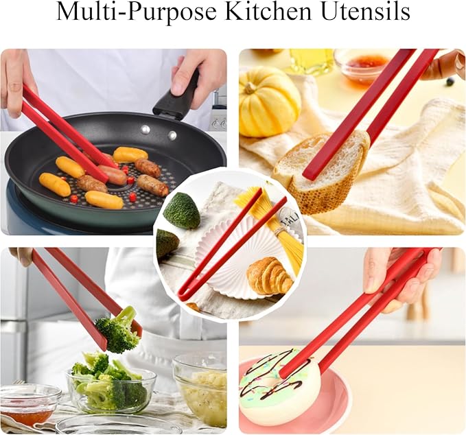 1Pcs Silicone Toaster Tong, 11.6 Inch Long Silicone Kitchen Tong for Toaster Cooking Utensil Bread Waffle Food Tweezer Red Toast Tong for Cooking Serving Bacon Salad Pickle Fruit Food, SATONBEYI