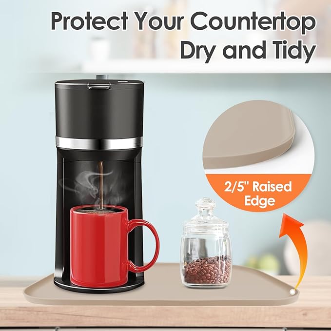 Silicone Coffee Maker Mat with Lip for Countertops, 24'' x 16'', Khaki