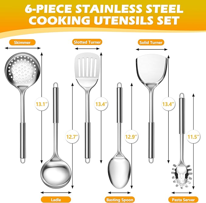 E-far Stainless Steel Kitchen Utensil Set of 6, Metal Cooking Utensils