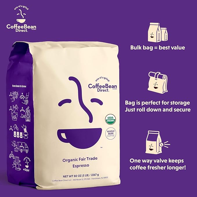 Coffee Bean Direct Organic Fair Trade Espresso, Whole Bean, 5lb Bag
