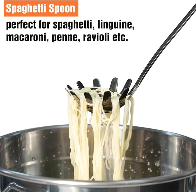 JXWING Black Stainless Steel Pasta Spoon, Spaghetti Server, Pasta Fork