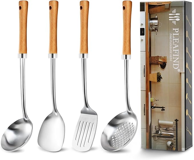 Pleafind 4-Pcs Cooking Utensils Set, Stainless Steel Kitchen Utensils with Wooden Handle, Kitchen Essentials Set Include Wok Ladle, Slotted Spoon, Wok Spatula and Slotted Spatula, Dishwasher Safe