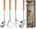 Pleafind 4-Pcs Cooking Utensils Set, Stainless Steel Kitchen Utensils with Wooden Handle, Kitchen Essentials Set Include Wok Ladle, Slotted Spoon, Wok Spatula and Slotted Spatula, Dishwasher Safe