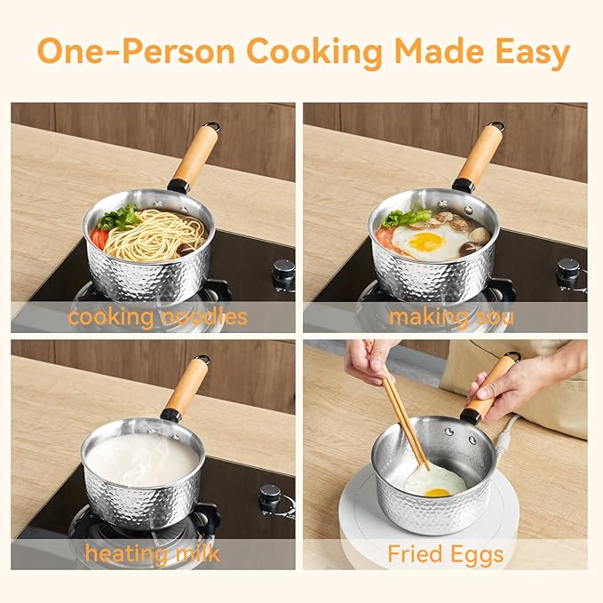 WANGYUANJI 1.8 Quart Stainless Steel Saucepan with Lid, Tri-Ply Steel Small Sauce Pan, Coating-Free Interior, Hammered Finish, Induction Compatible Soup Pot with Tempered Glass Lid & Wood Handle