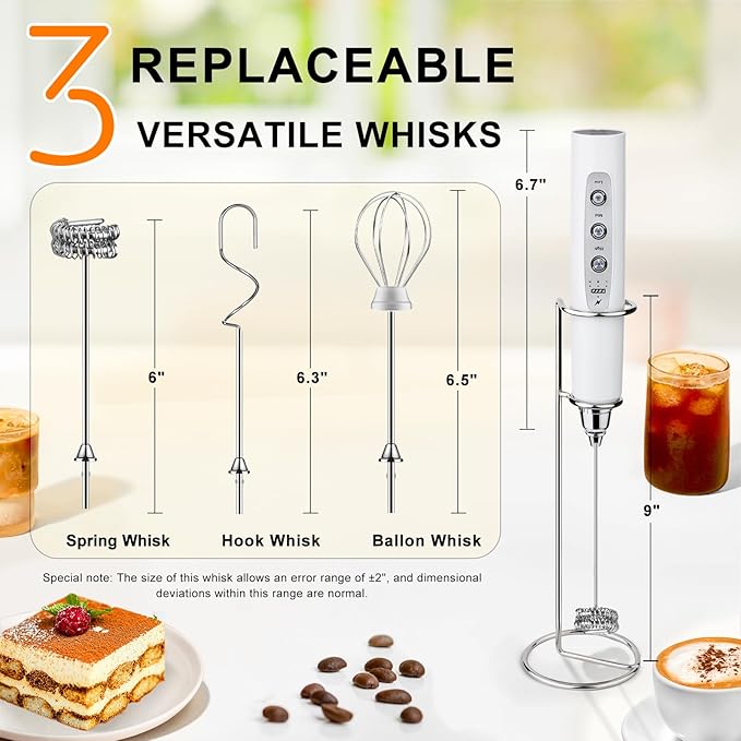 YUSWKO Handheld Milk Frother Wand for Coffee, Rechargeable Electric Whisk with 3 Heads 3 Speeds Drink Mixer Coffee Frother For Latte, Cappuccino, Hot Chocolate, Egg, White with Holder