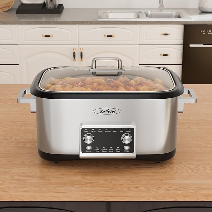 Sunvivi 8 Quart Slow Cooker Roaster Oven, 12 in 1 Programmable Multi-Cooker with Digital Timer, Temp Control, Keep Warm, Removable Non-stick Aluminum Pot & Dishwasher-Safe Glass Lid, Stainless Steel