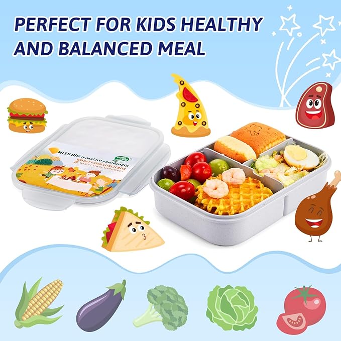 MISS BIG® Bento Lunch Box for Kids, 1150ml, 3 Compartments, Gray