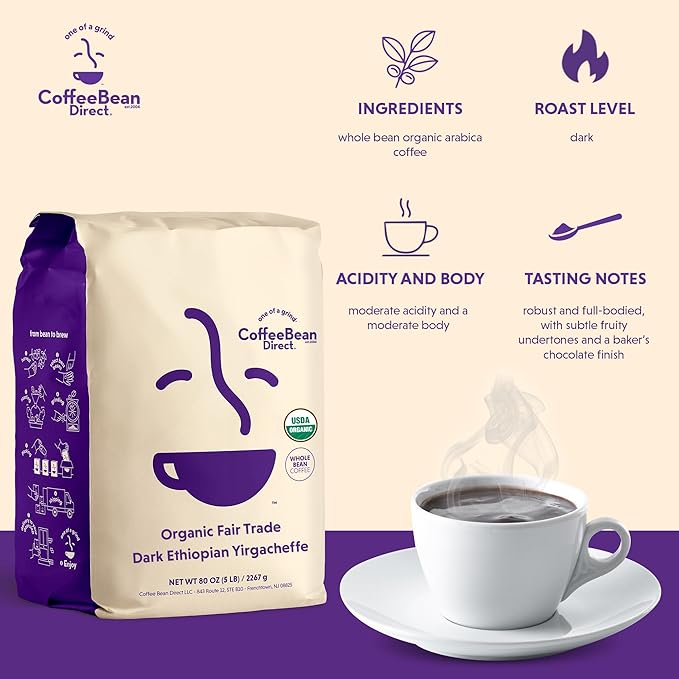 Coffee Bean Direct Organic Fair Trade Dark Ethiopian Yirgacheffe, 5lb Bag