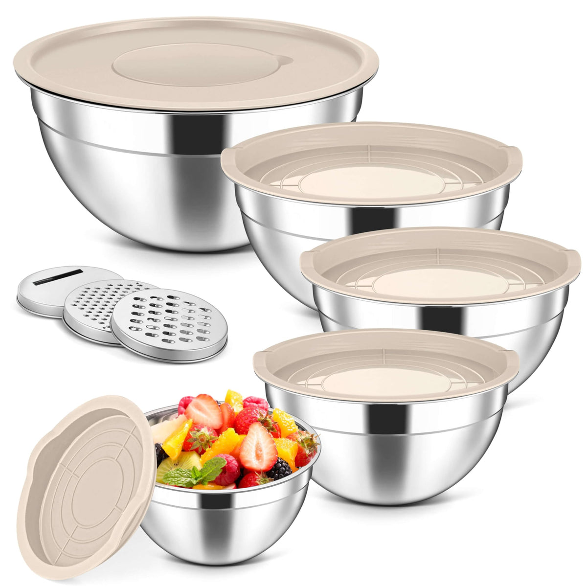 Herogo 5-Piece Mixing Bowls with Airtight Clear Lids, 3 Grater Attachments, Stainless Steel Large Bowls of 5 for Kitchen, Size 4.6, 3.5, 2.5, 2, 1.5QT Ideal for Mixing and Serving, Blue