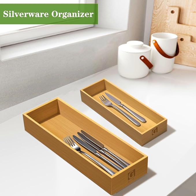 guiogc Bamboo Drawer Silverware Organizer, Kitchen Small Silverware Organizer Set of 4 (Large 14.2"x5"x1.97", Small 9.85"x3.55"x1.97") for Office Bathroom Storage and RV