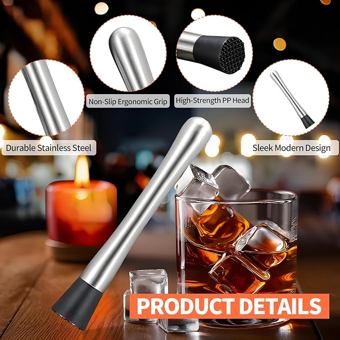 2 PCS Muddler for Cocktails,8" Stainless Steel Cocktail Muddler for Lemonade, Lemon Smasher Bartender Accessories, Crushes Ice,Fruits & Herbs, Bartender Tool for Home,Bar Use,Lemonade stand supplies