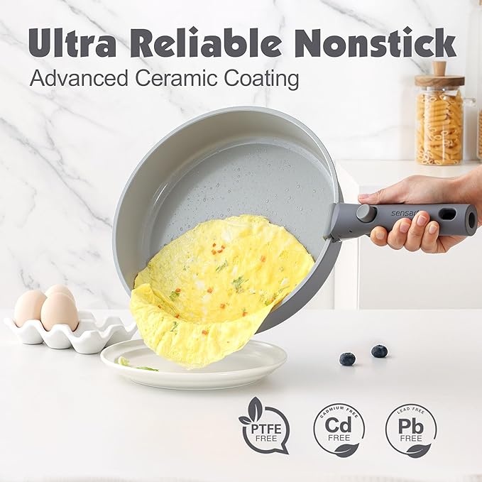 SENSARTE 17 Piece Ceramic Detachable Handle Pots and Pans Set Gray