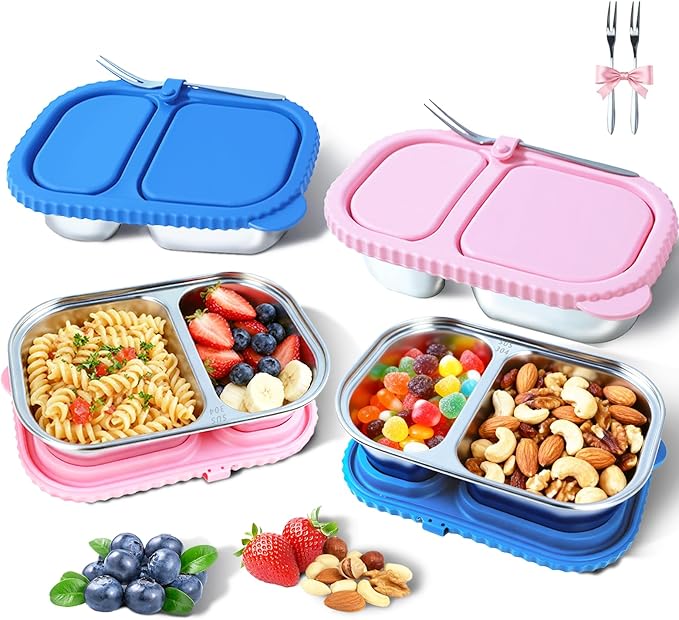 2 Pack Stainless Steel Snack Containers for Kids & Adults - Reusable 2 Compartment Snack Containers with Leakproof Silicone Lids, Divided Meal Prep Lunch Box Food Container for School, Office, Travel