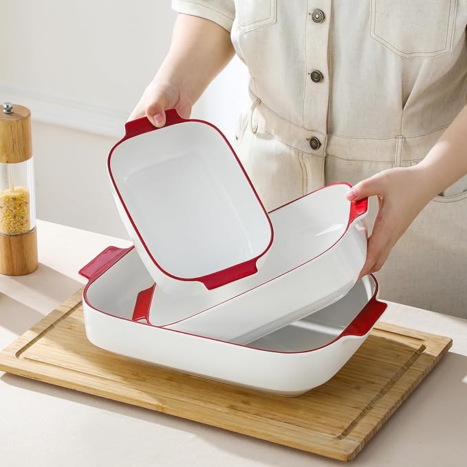 MALACASA Ceramic Casserole Dishes Set of 3, Red Trim Baking Dish for Oven