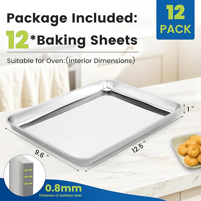 BIEAMA 12 Pack Stainless Steel Toaster Oven Baking Sheets, 12.5 x 9.6 in