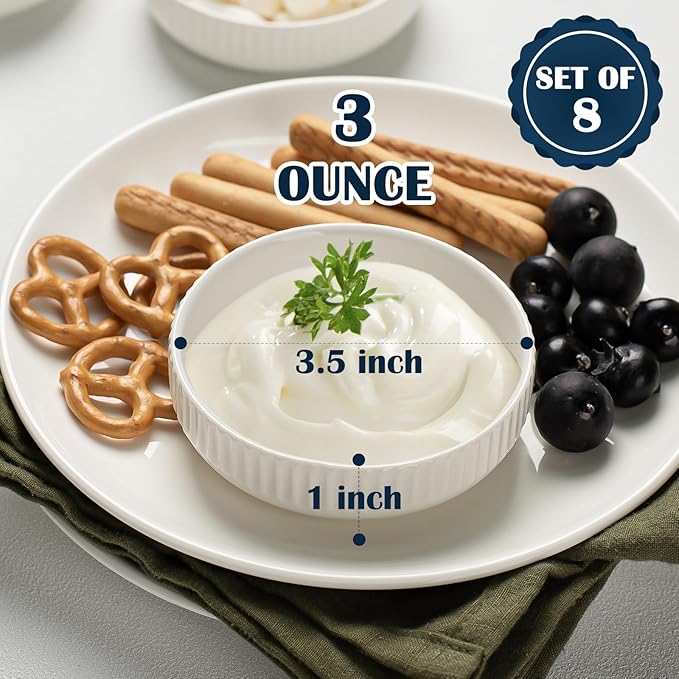 KOBIKOBI Dipping Bowls Set of 8-3 Oz Ceramic Sauce Bowls, Soy Sauce Dish, Small Condiment Cups for Sushi, BBQ, Appetizer - Stackable Food-Safe White Dipping Sauce Bowls, Japanese Style