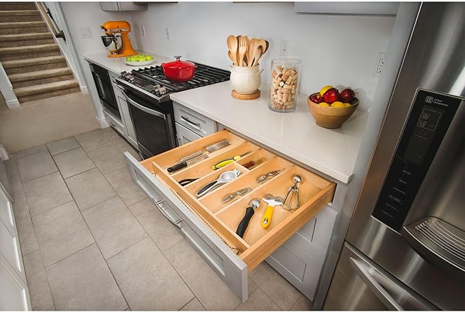 Rev-A-Shelf Custom Trim-to-Fit Silverware Drawer Organizer For Kitchen Utensils, Cutlery Cabinet Storage Divider Insert, 18.5" x 22", Maple Wood, 4WUT-1