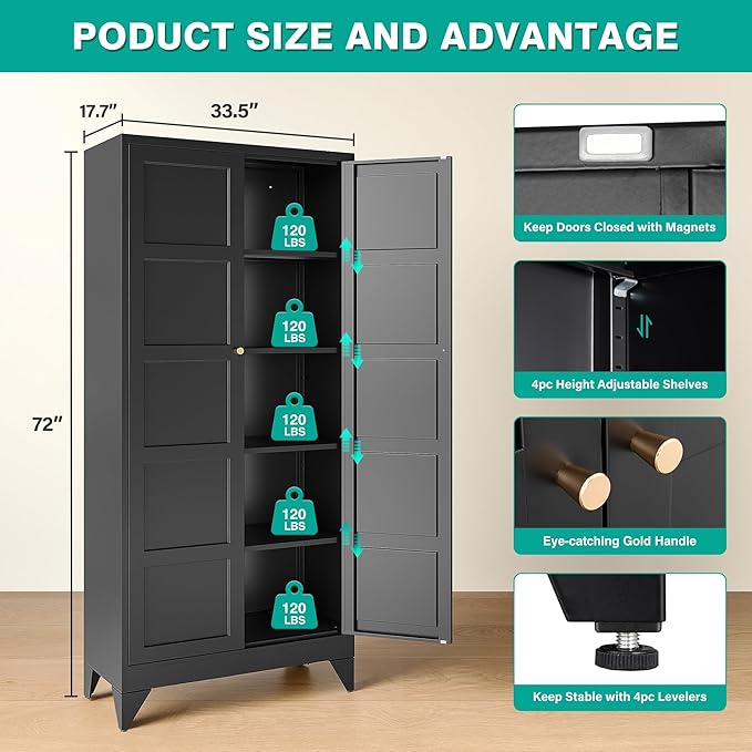 SISESOL Wide & Deep Metal Storage Cabinets with 2 Doors and 5 Shelves,Tall Storage Cabinet,Large Cupboard Closet,Pantry Storage Cabinet for Home,Kitchen,Dining/Living Room (Black, 72" H)