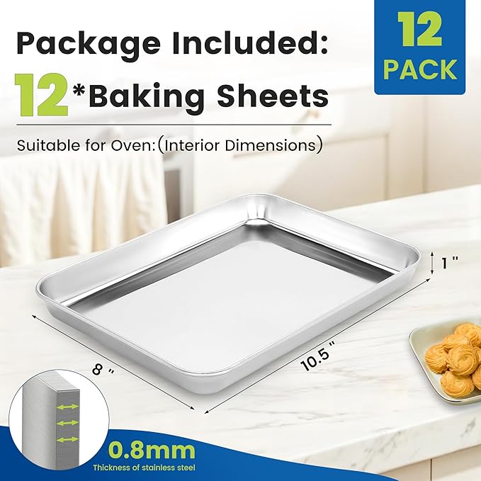 BIEAMA 12 Pack Stainless Steel Toaster Oven Baking Sheets, 10.5 x 8 in