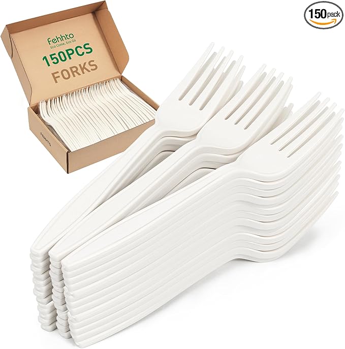 FEHHTO 100% Compostable Fork, 7" Disposable Cornstarch Forks Heavy Duty Cutlery BPI Certified Eco-Friendly Utensils Biodegradable Party Dinner Supplies No Plastic-150pcs Forks