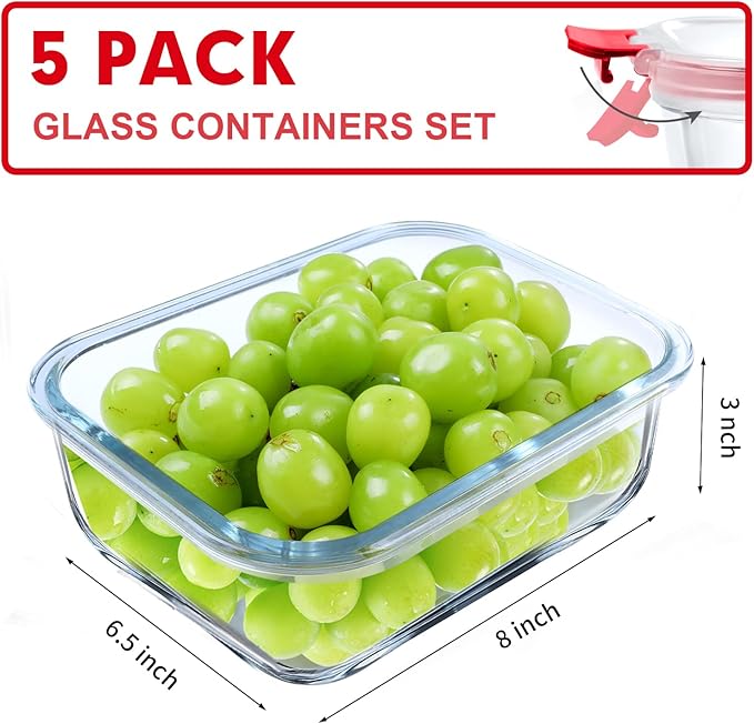 VERONES 5 PACK 36 OZ Glass Meal Prep Containers Set with Lids, Red