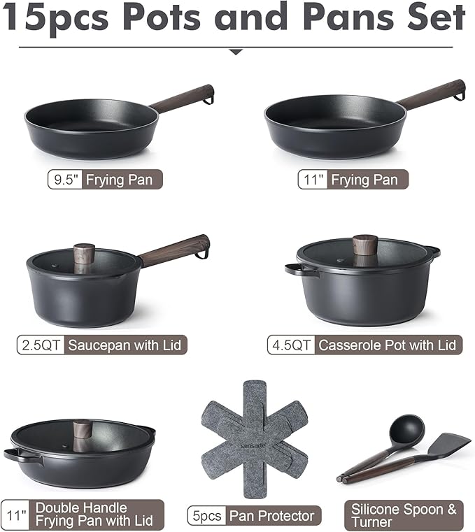 SENSARTE 15Pcs Nonstick Cookware Set Pots and Pans Set Kitchen Cooking Frying Pans with Stay-cool Handle, Dishwasher Safe, Induction Compatible, PFOA/PFOS Free, Black