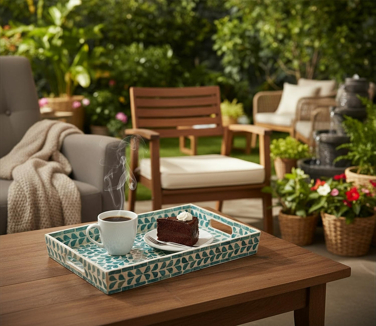 PEMAR Rectangular Mother of Pearl Serving Tray Nacre Wood Lap Ottoman Tray for Coffee Table, Luxury Decorative Handmade Eating Platters w Insert Handles (Teal Floral Pattern)