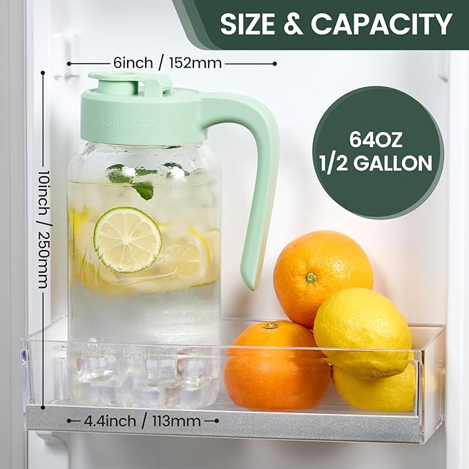 Spreccio Mason Jar Pitcher, 64 oz (2 quart), Glass Pitcher with Lid