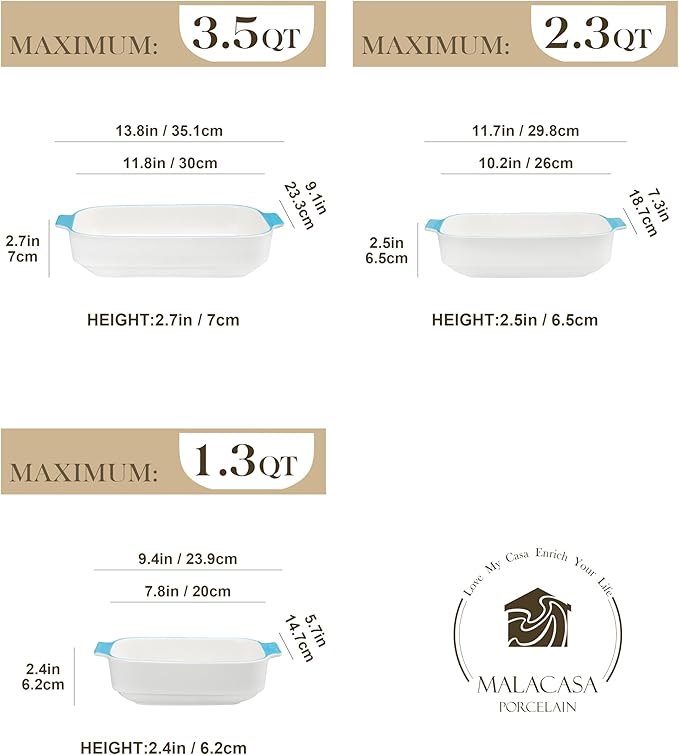 MALACASA Ceramic Baking Dishes Set of 3, Blue Trim Casserole for Oven, 9x13