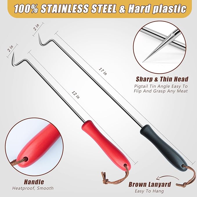2Pcs Food Flipper Turner Hooks Stainless Steel BBQ Meat Hooks Cooking Barbecue Turners Hooks Grill Accessories with Handle for Grilling & Smoking